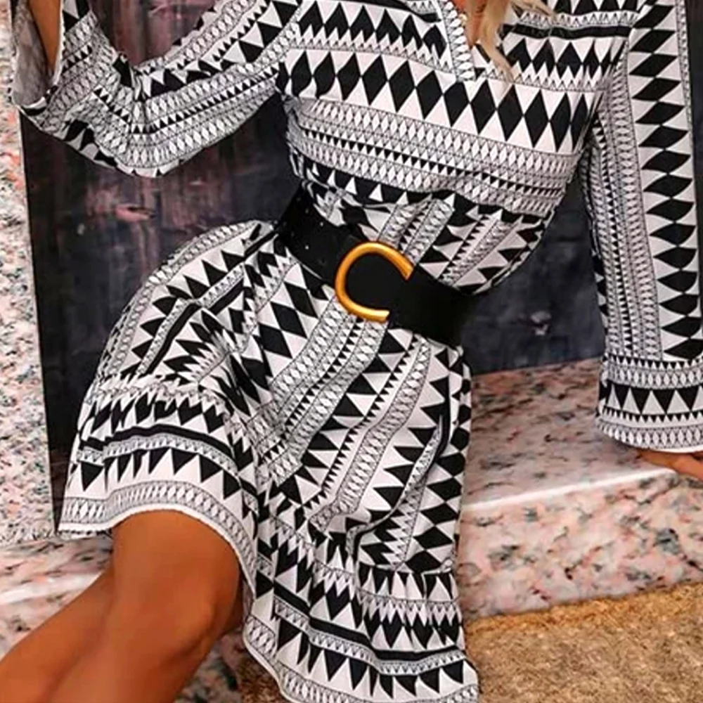 Dress V Neck Geo Print Ruffle Hem Mini Dress Without Belt - Picture 2 of 5